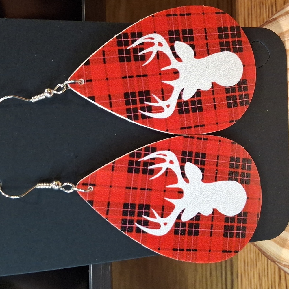 Red Plaid Deer Teardrop Earrings